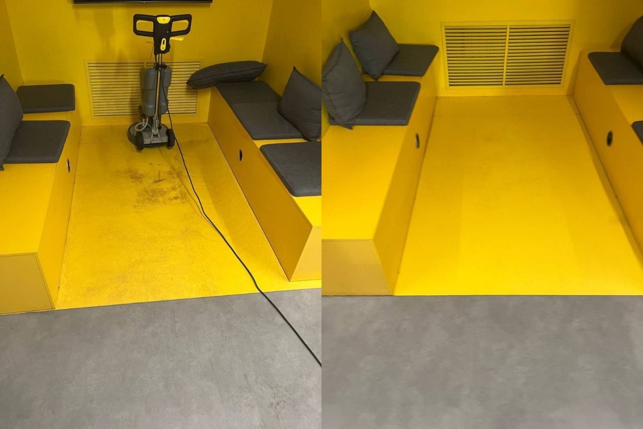 До и после роторной размывки жёлтого пола